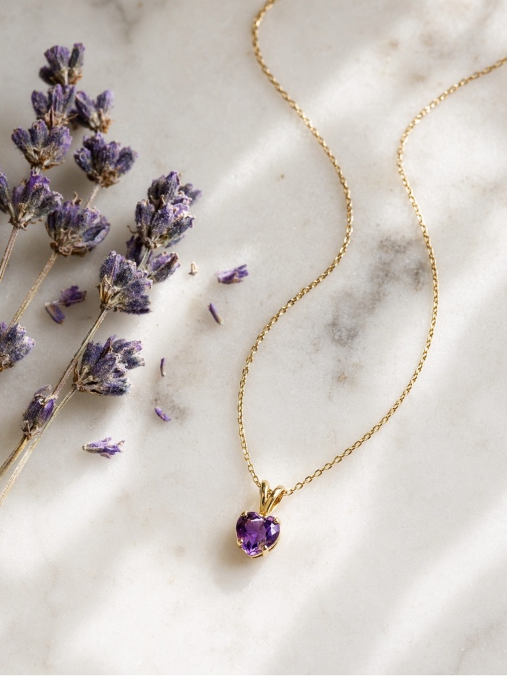 💜 10K Yellow Gold Amethyst Heart Pendant Necklace, February Birthstone 19”